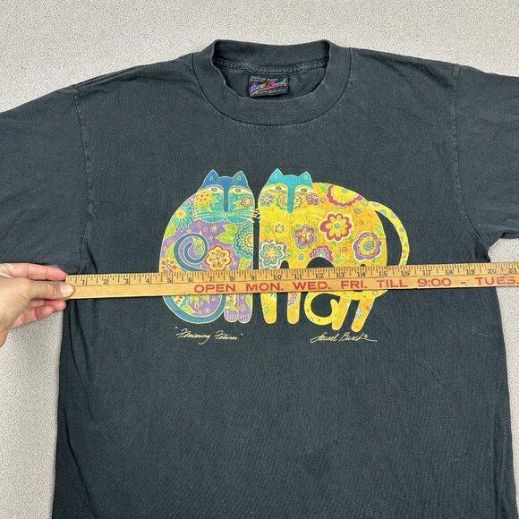 Vintage Laurel Burch Shirt Adult L Black Flower Felines Cat Art Made USA 90s Tee - Picture 9 of 12